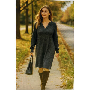 Cabi Heather Black dk gray PJ Sweater Dress Ruched Sleeve Womens Large 3829